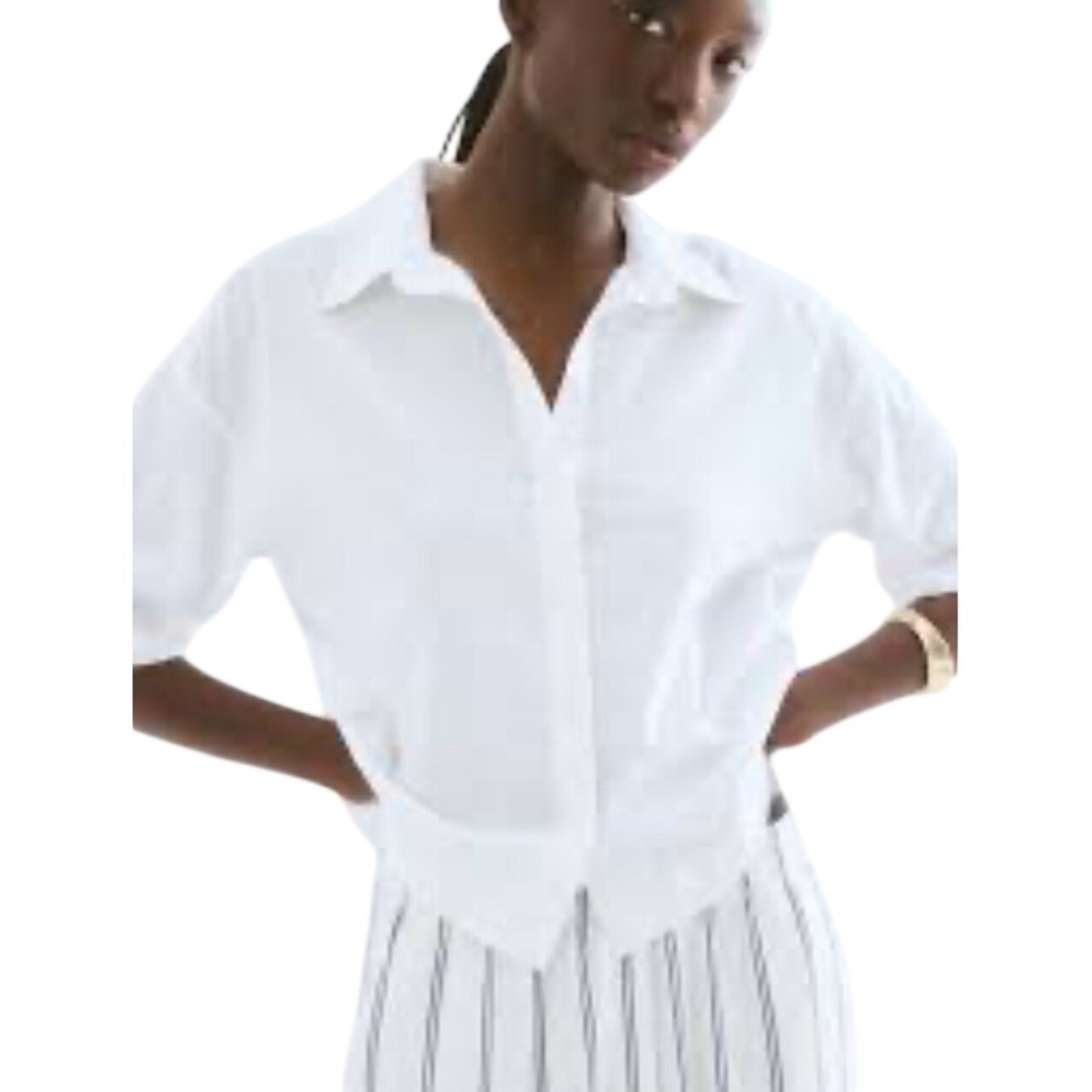 H&M Shirt Women XXL Oversized White Linen-Blend Short Sleeve Button-Down EUC